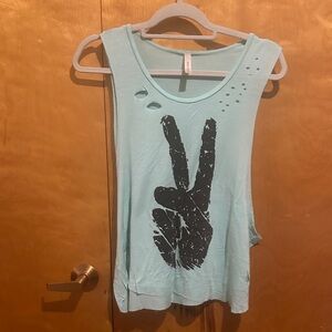 Women’s Mint and Navy Graphic Tank Top with Distressed Detail